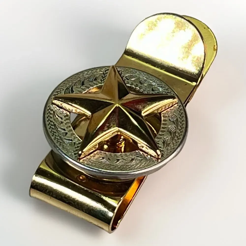 Texas Lone Star Gold Tone Money Clip Western Engraved Round Medallion